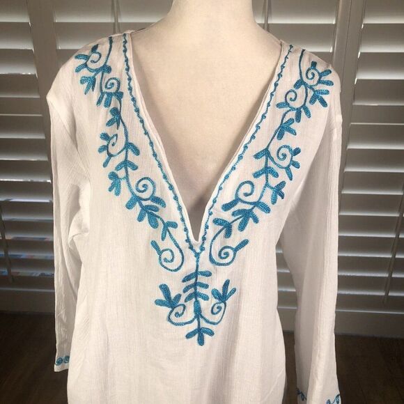 Just Bee White Beach Top Swim Cover L 100% Cotton Gauze 3/4 Sleeve Turquoise - Picture 11 of 12